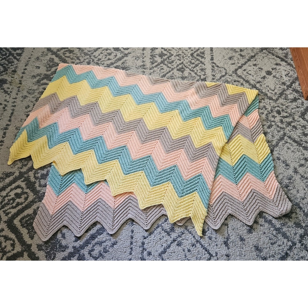 Vintage Handmade Crochet Chevron Afghan Throw Blanket Pastel 1970s Retro Zig Zag